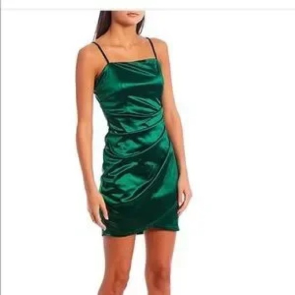 HONEY AND ROSIE SQUARE NECK STRETCH SATIN FAUX-WRAP - Picture 1 of 9